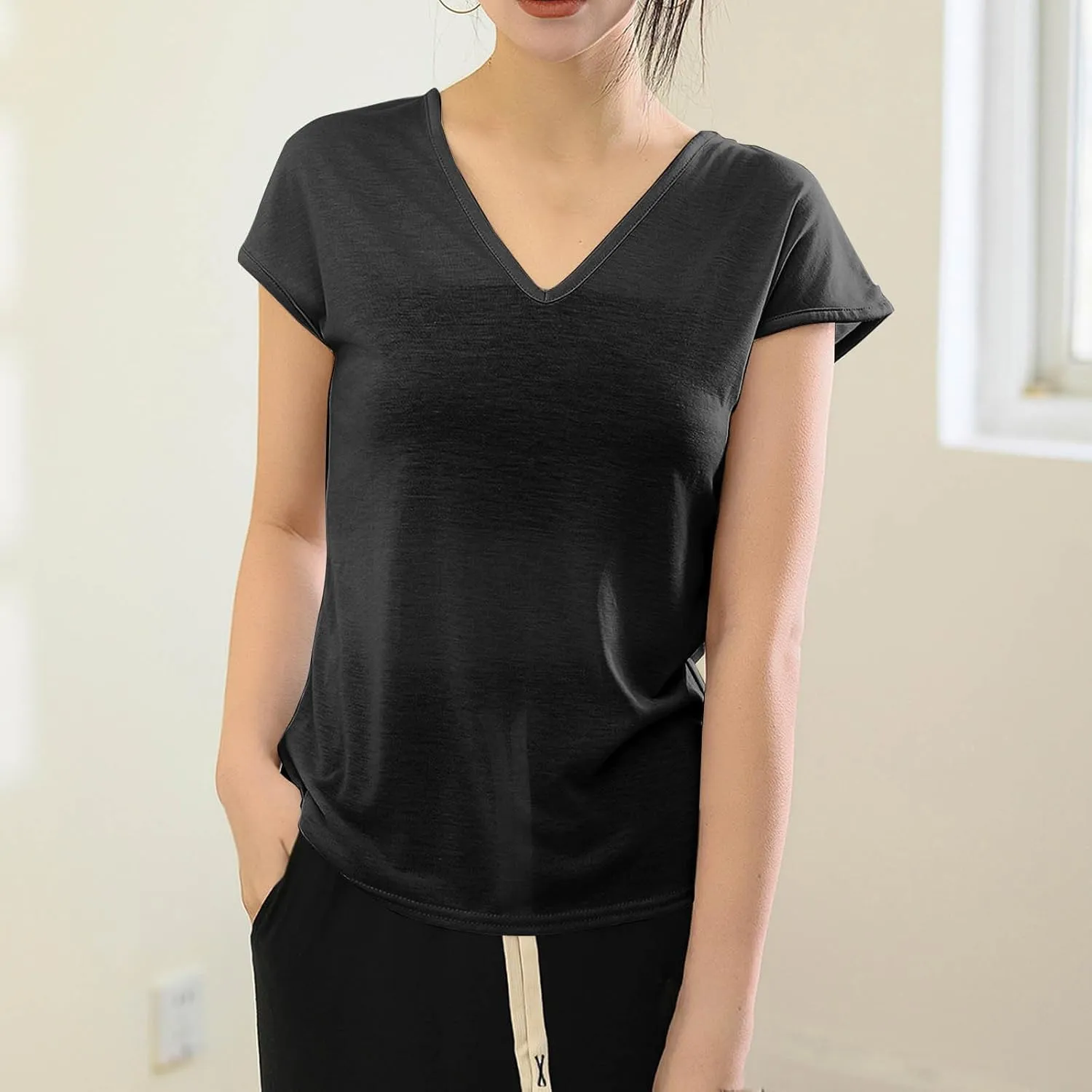 2025 Womens Summer Top Cotton Cap Sleeve Tank Tops V Neck T Shirts Solid Color Tunic Blouse Plus Size Tank Tops