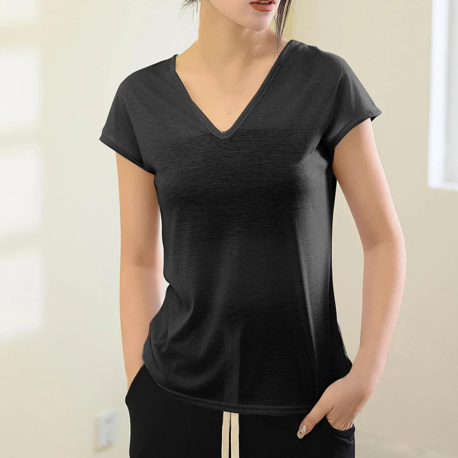 2025 Womens Summer Top Cotton Cap Sleeve Tank Tops V Neck T Shirts Solid Color Tunic Blouse Plus Size Tank Tops