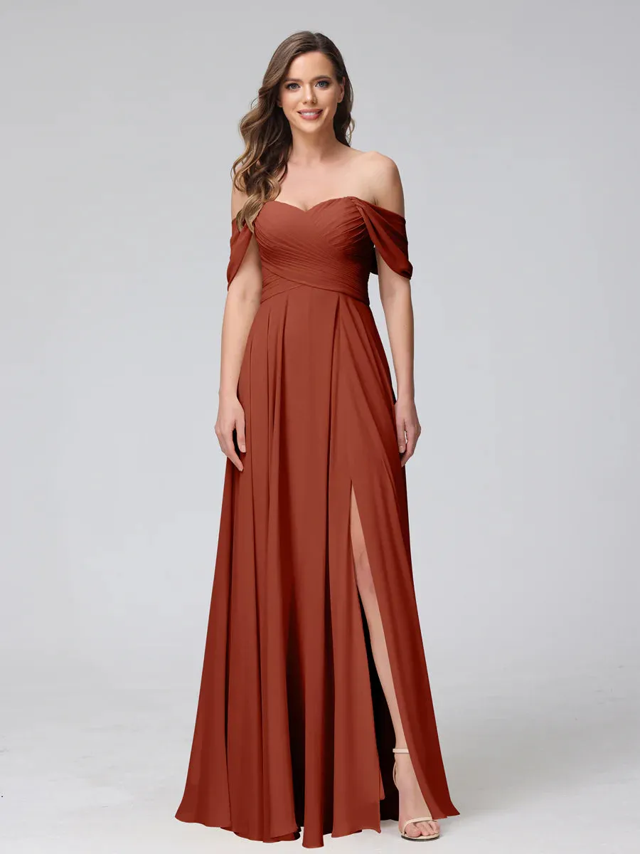 A-Line Off-The-Shoulder Sleeveless Ruched Long Chiffon Bridesmaid Dresses With Split Side