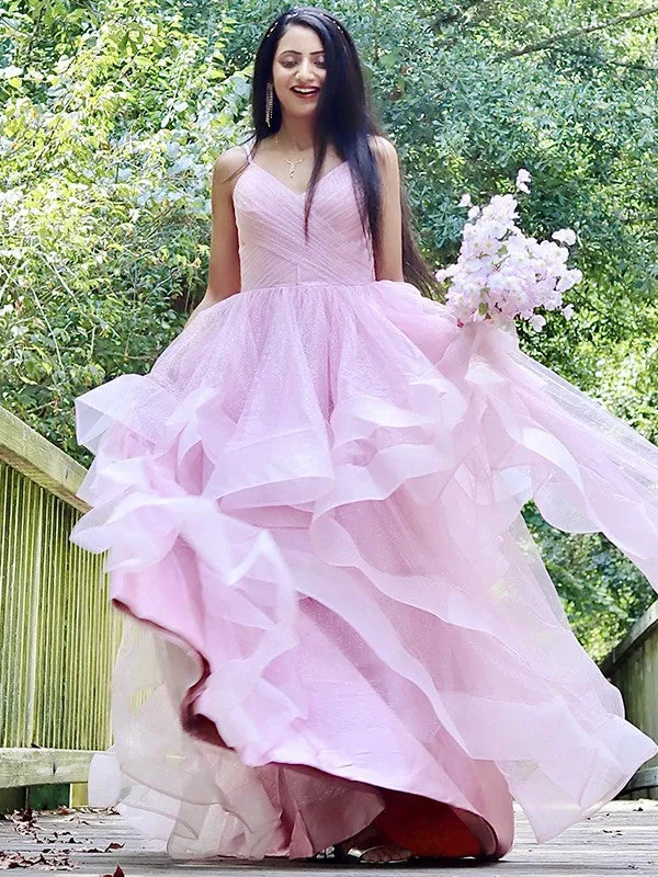 A-Line/Princess Tulle Ruffles Spaghetti Straps Sleeveless Floor-Length Dresses