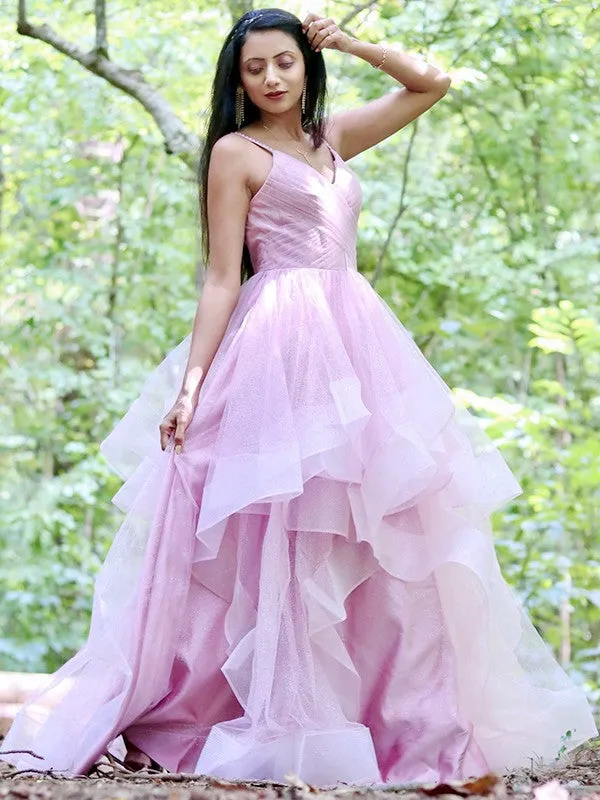 A-Line/Princess Tulle Ruffles Spaghetti Straps Sleeveless Floor-Length Dresses