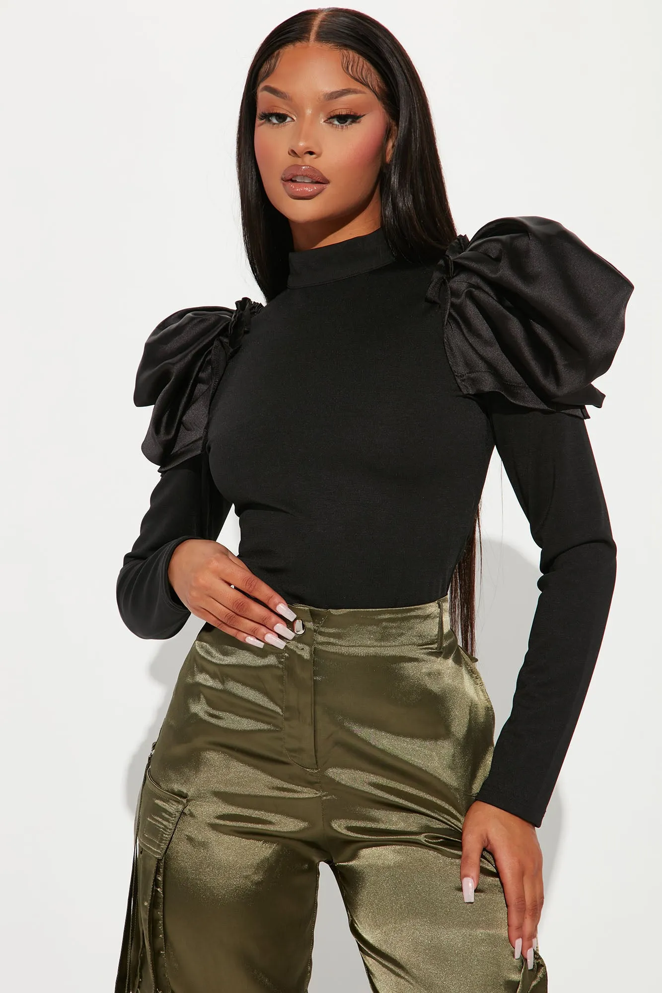Abigail Puff Shoulder Bodysuit - Black