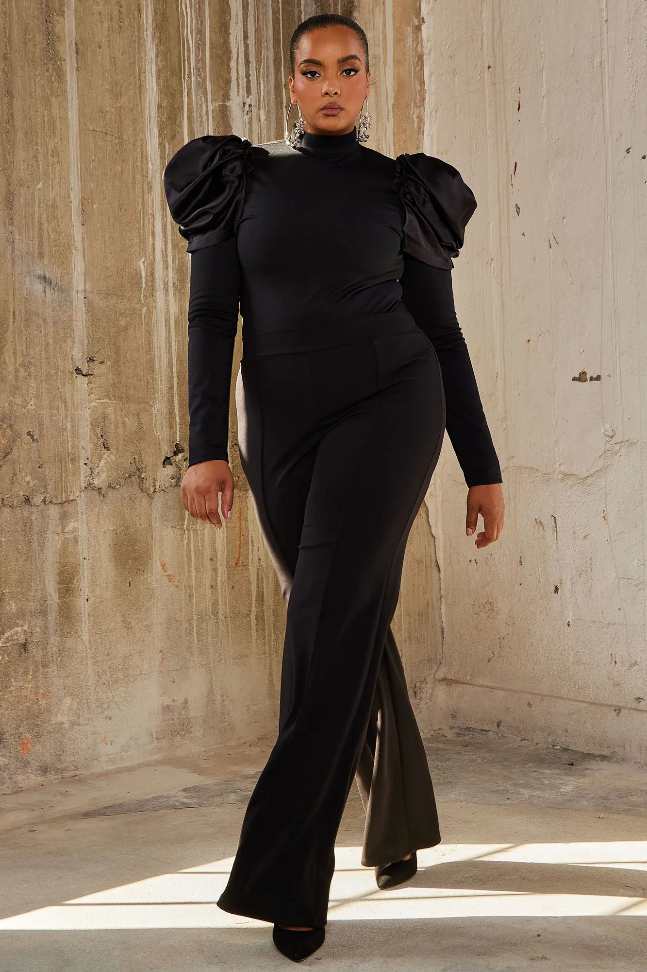 Abigail Puff Shoulder Bodysuit - Black