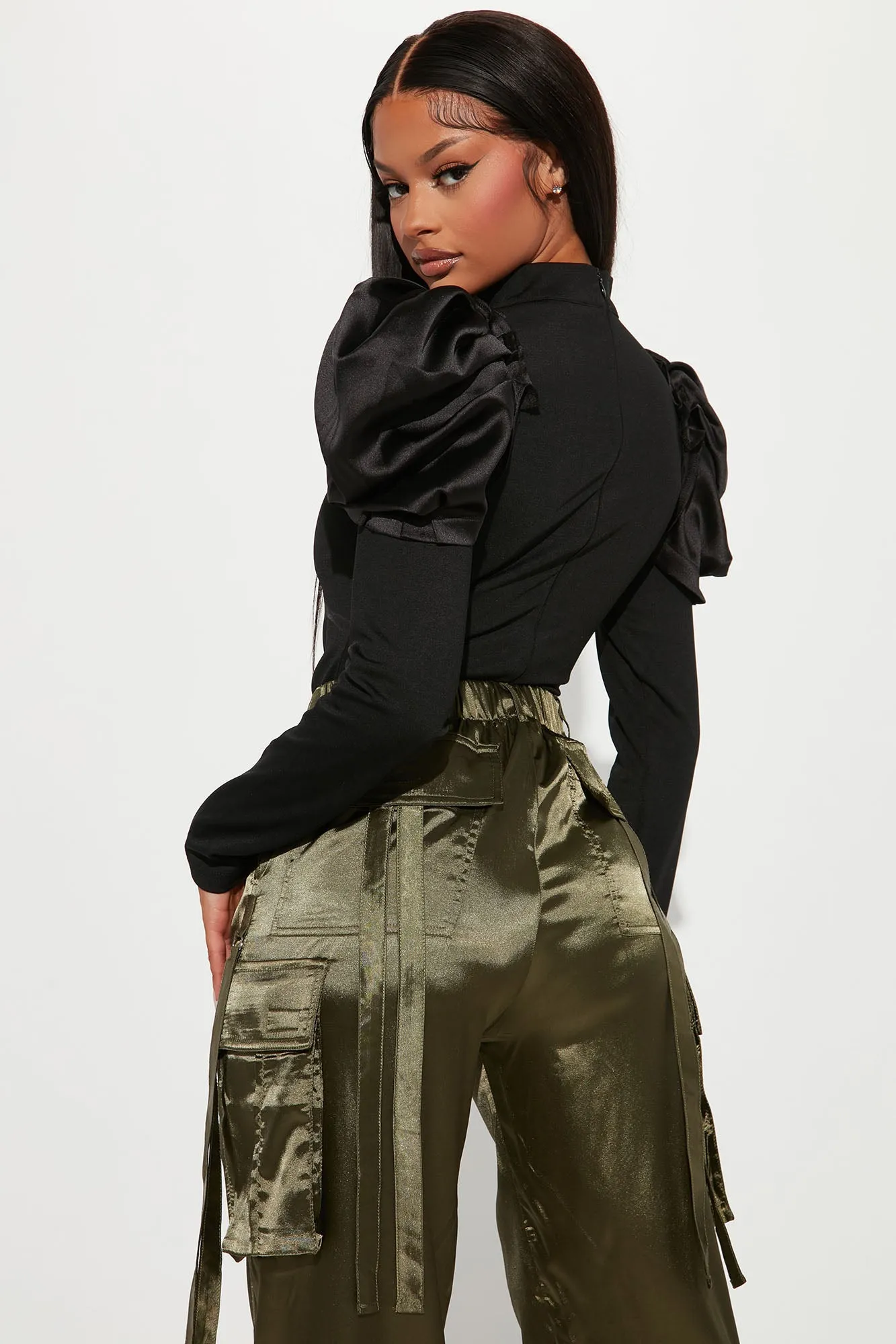 Abigail Puff Shoulder Bodysuit - Black