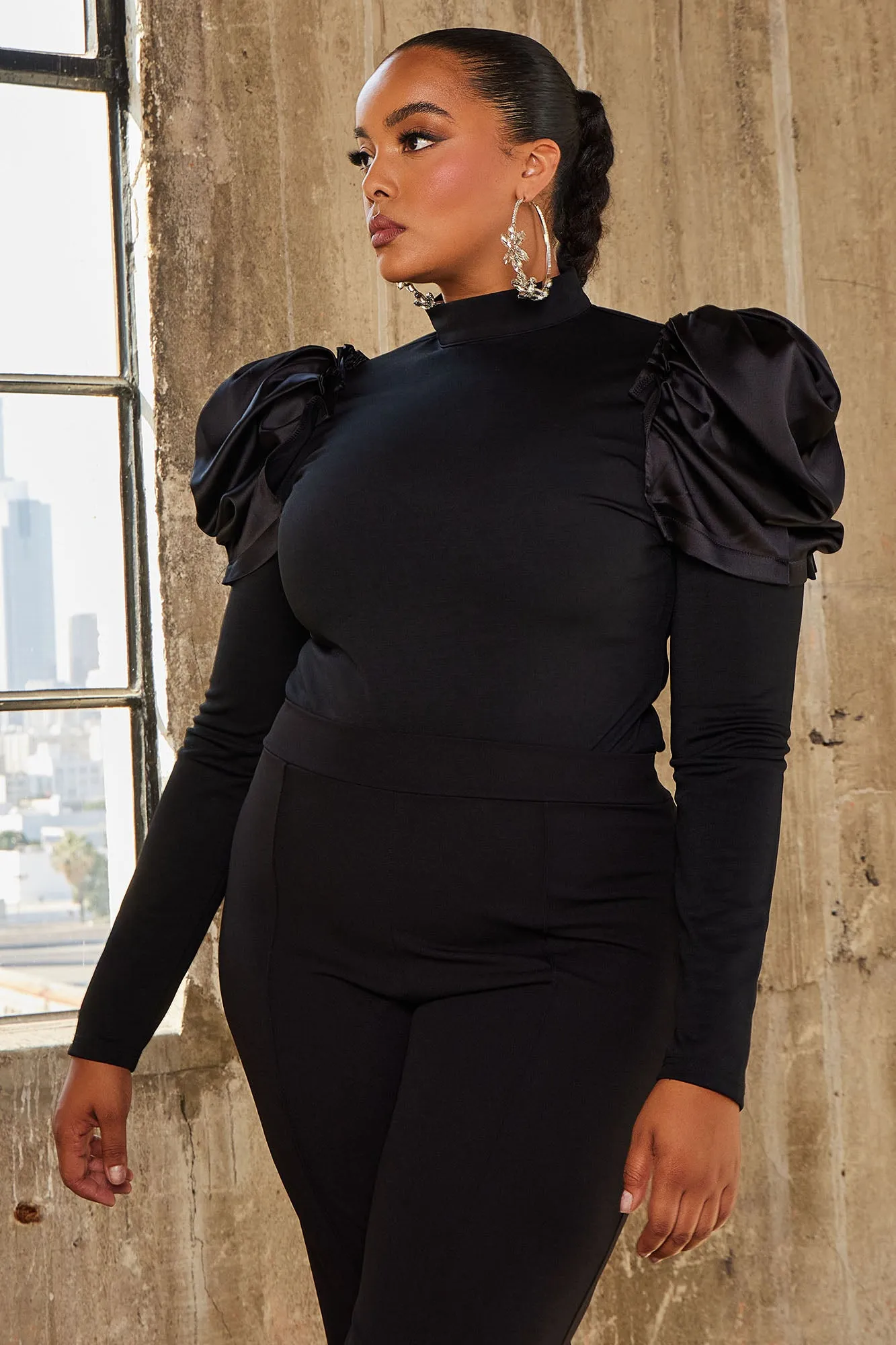 Abigail Puff Shoulder Bodysuit - Black
