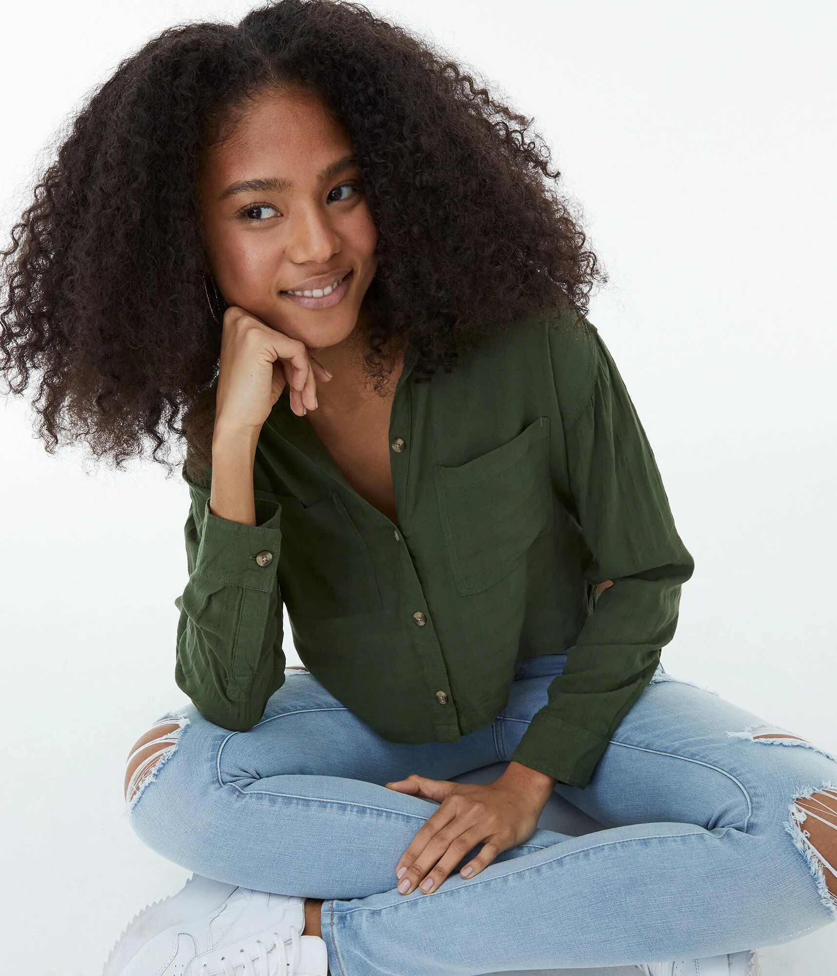 Aeropostale Long Sleeve Textured Button-Down Top