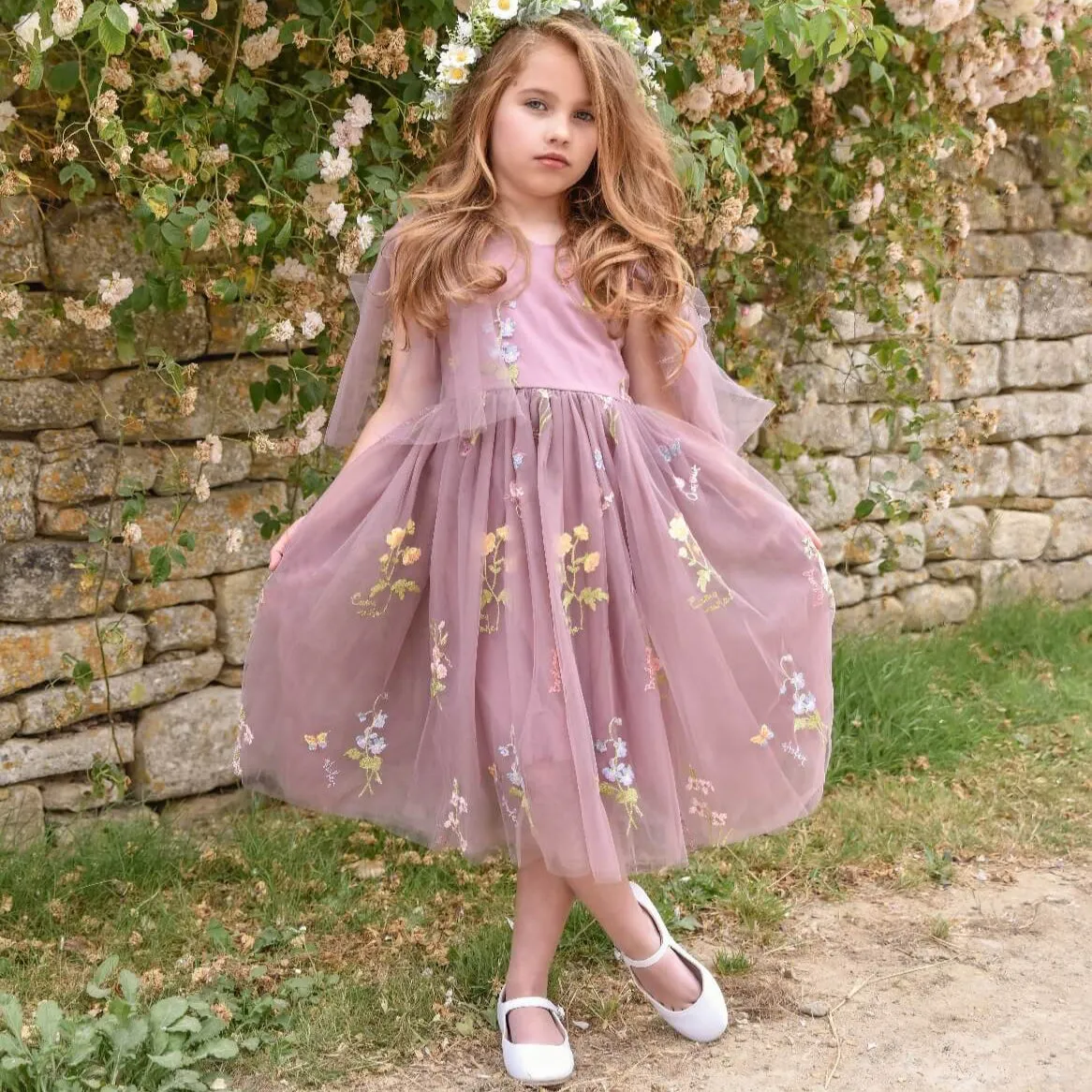 Baby Enchanted Angel Dress - Embroidered Heather