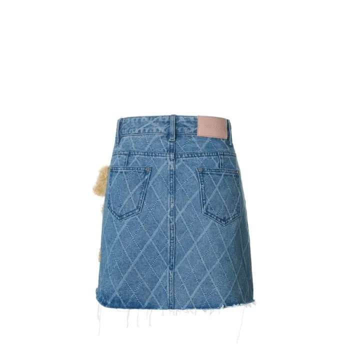 Bear Diamond Check Denim Skirt in Blue