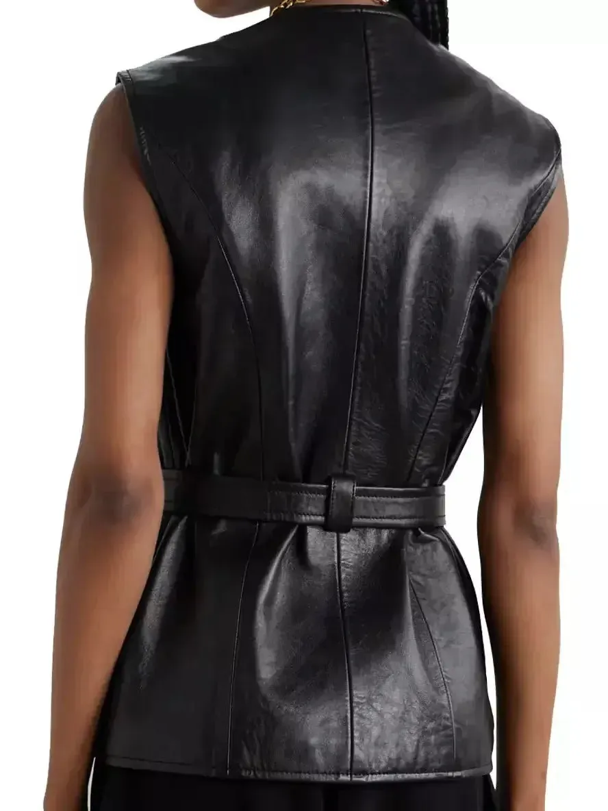 Belted Cargo Pocket Leather Black Vest