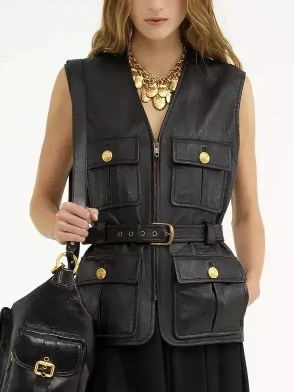 Belted Cargo Pocket Leather Black Vest