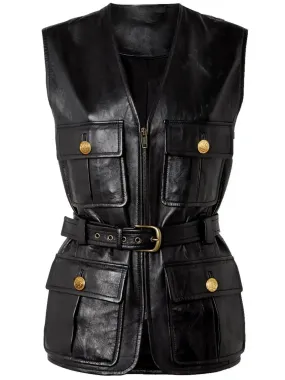 Belted Cargo Pocket Leather Black Vest
