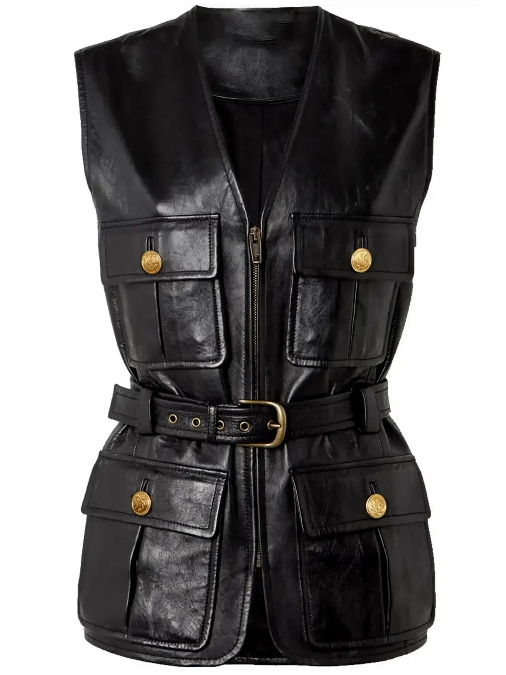 Belted Cargo Pocket Leather Black Vest