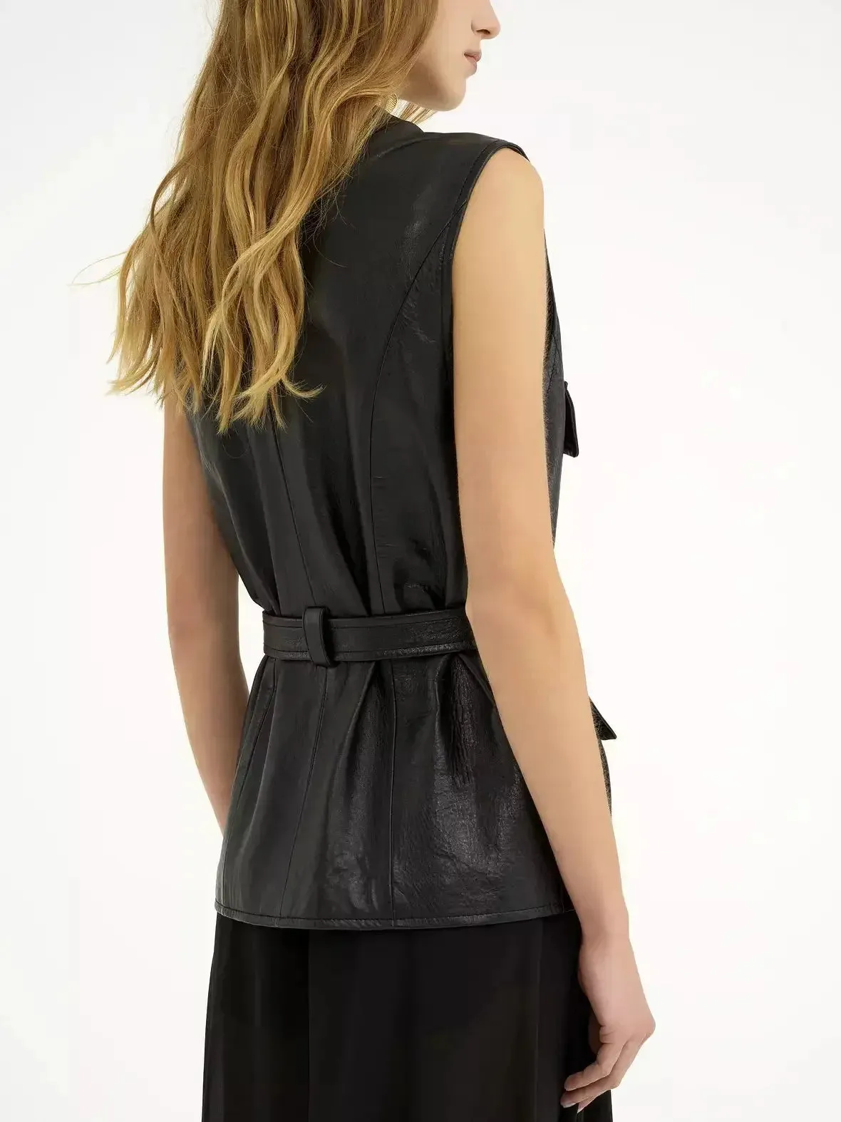 Belted Cargo Pocket Leather Black Vest