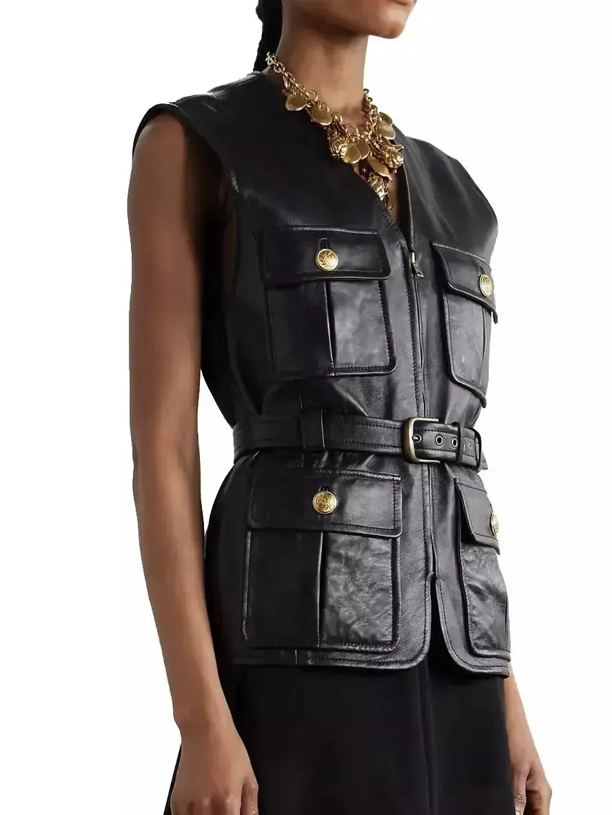 Belted Cargo Pocket Leather Black Vest