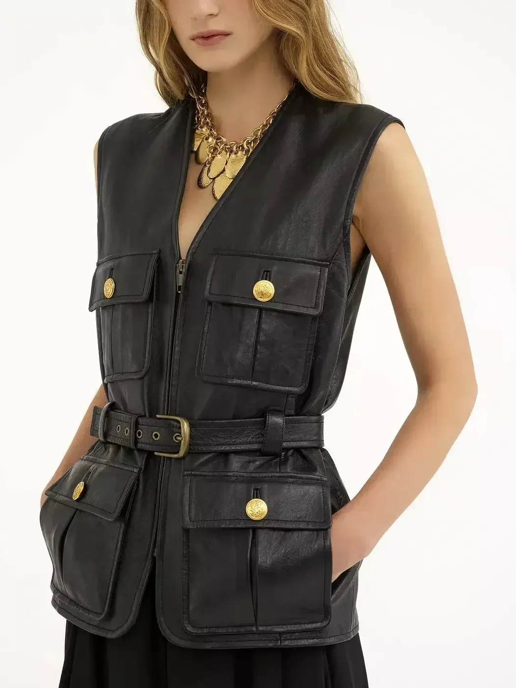 Belted Cargo Pocket Leather Black Vest