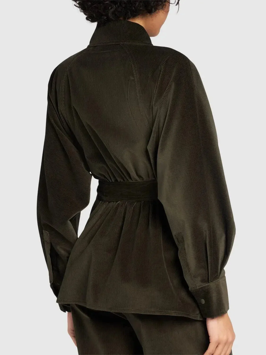 Belted Corduroy Shirt Jacket in Dark Green
