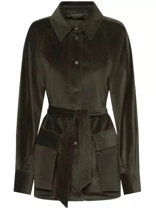 Belted Corduroy Shirt Jacket in Dark Green