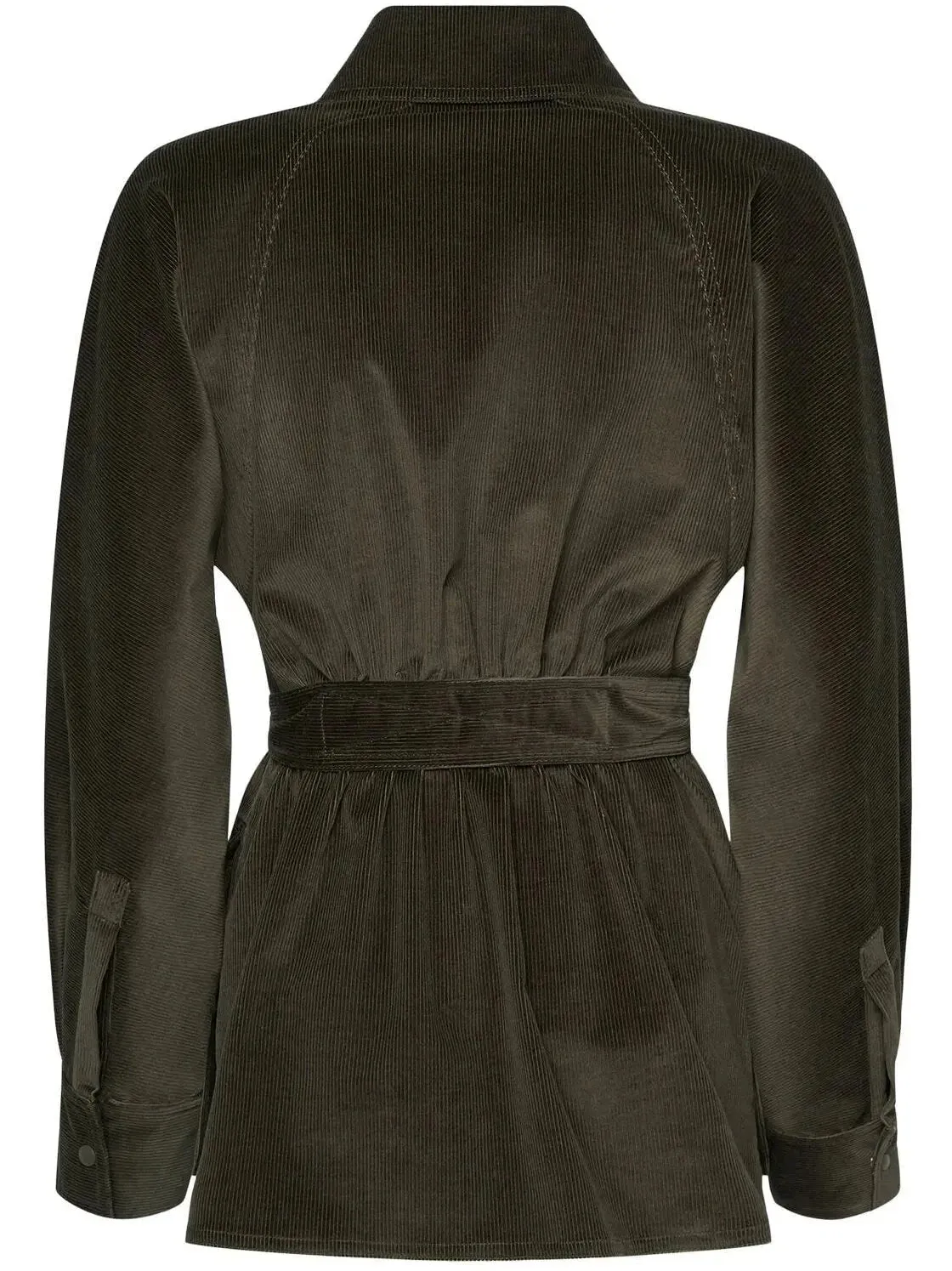 Belted Corduroy Shirt Jacket in Dark Green