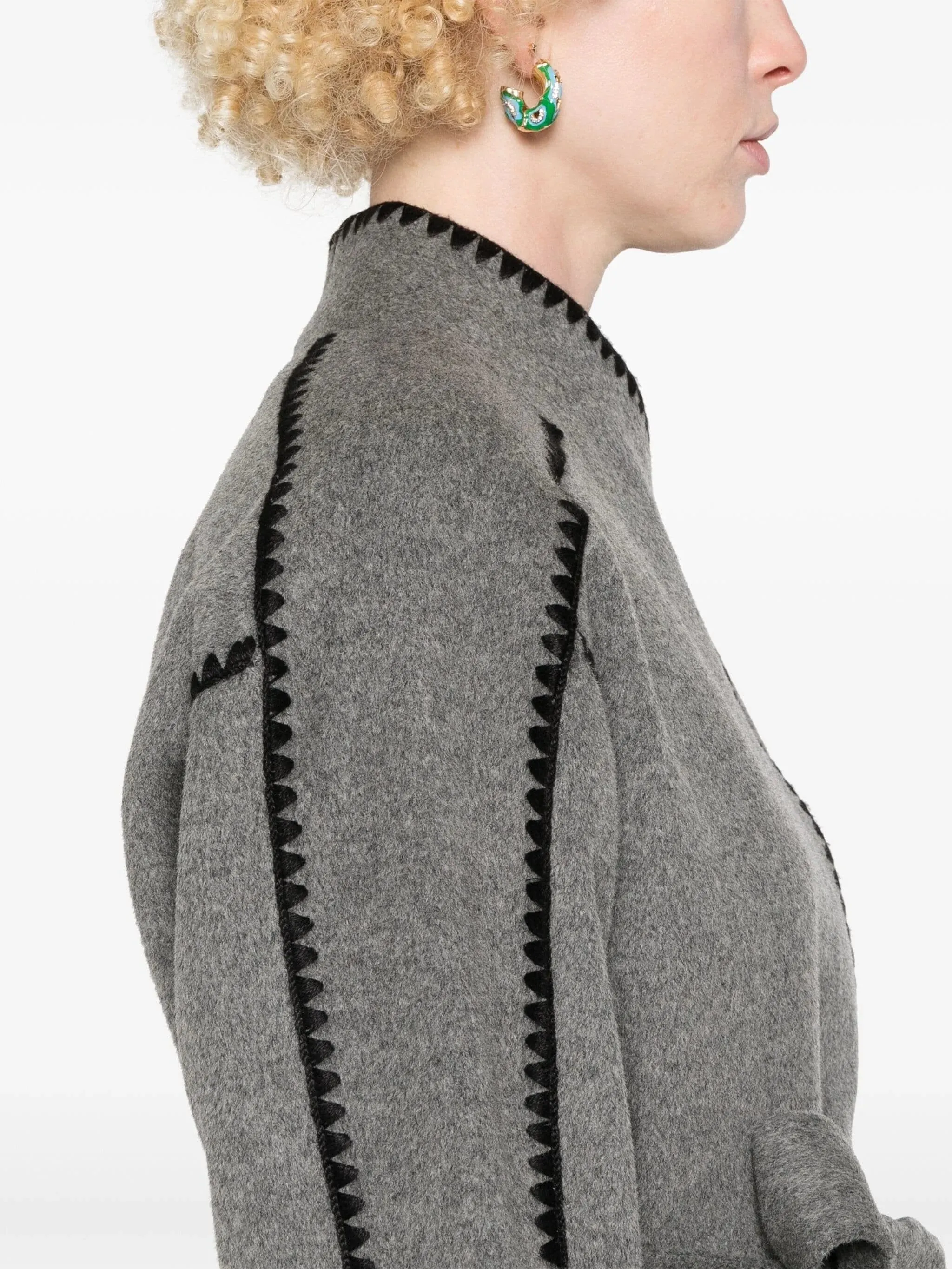 Belted Embroidered Wool-Blend Jacket in Grey