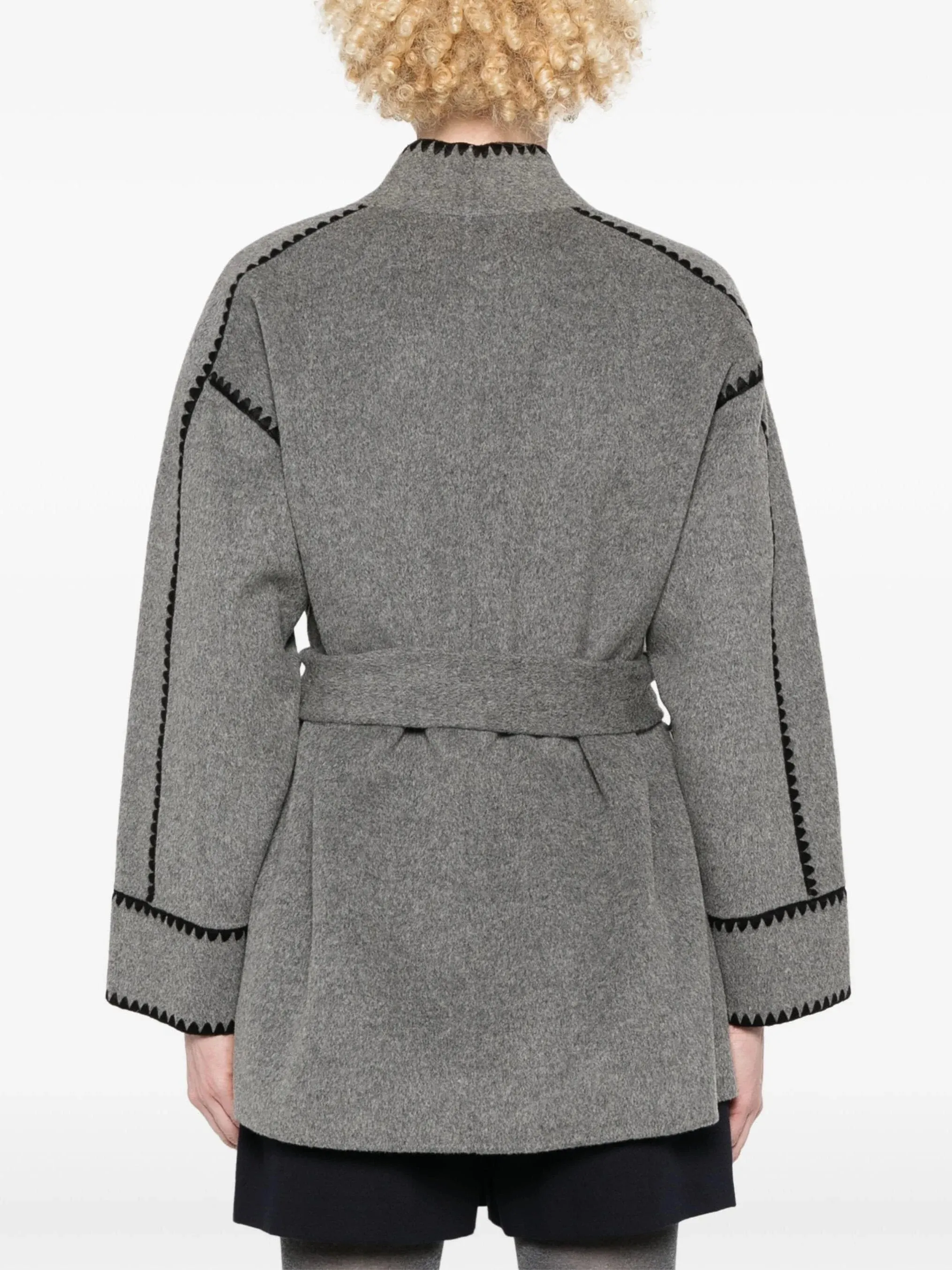 Belted Embroidered Wool-Blend Jacket in Grey