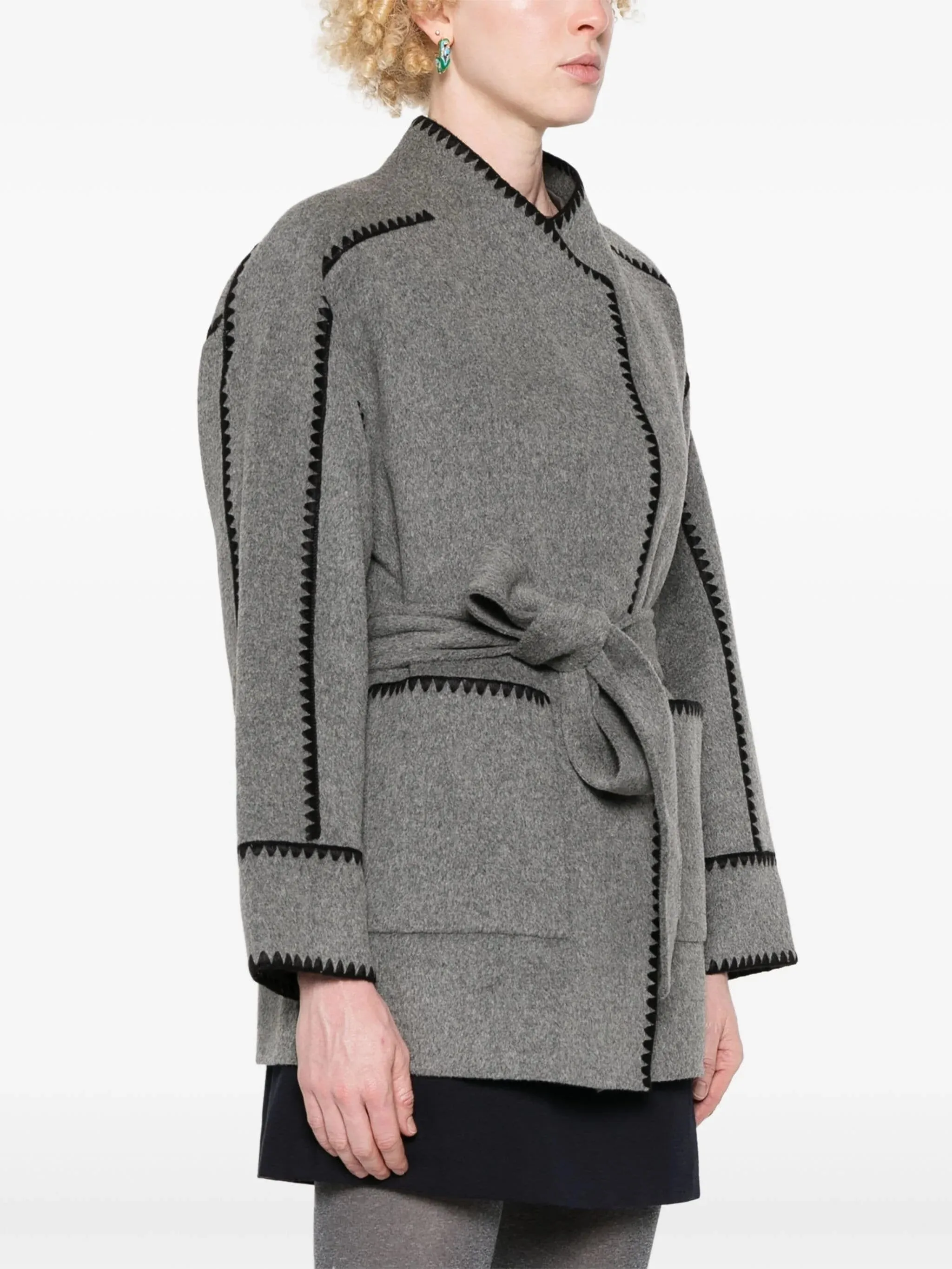 Belted Embroidered Wool-Blend Jacket in Grey