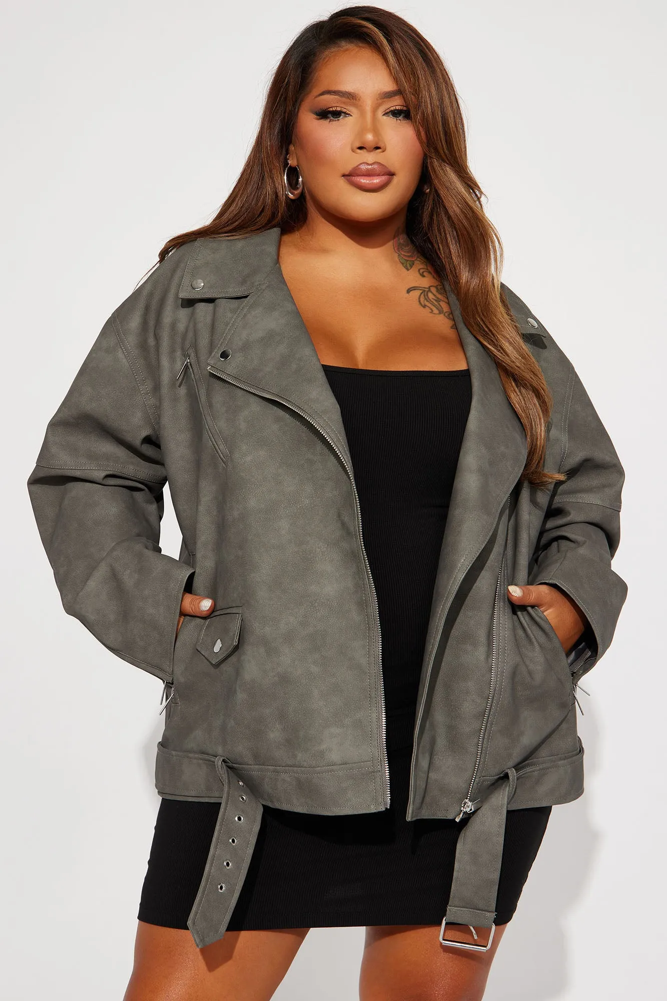 Big Rider Over Sized Washed Faux Leather Moto - Grey