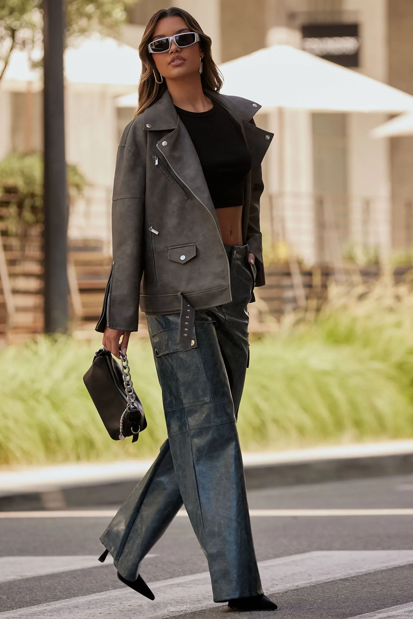 Big Rider Over Sized Washed Faux Leather Moto - Grey