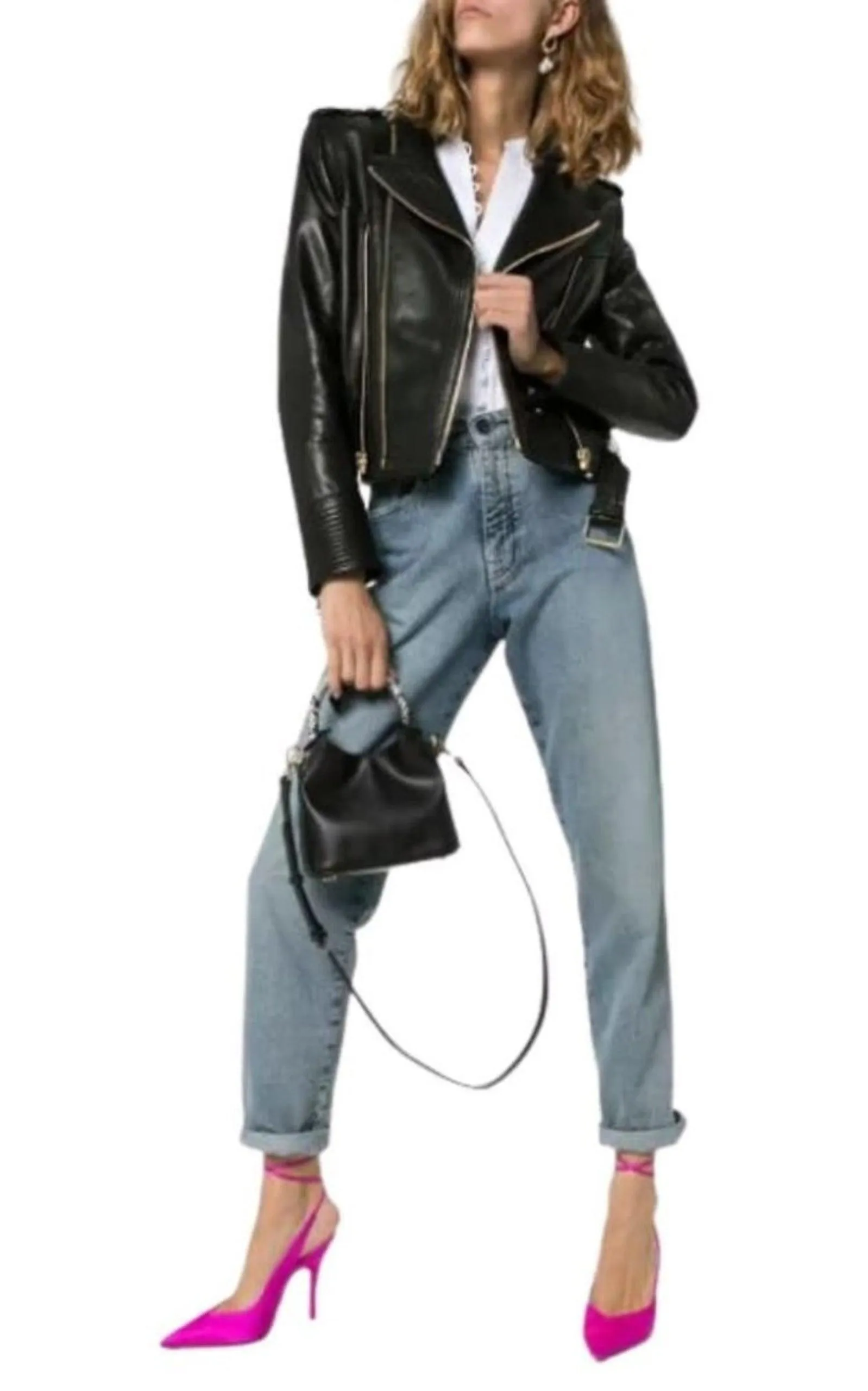 Black Buckle Belt Leather Jacket