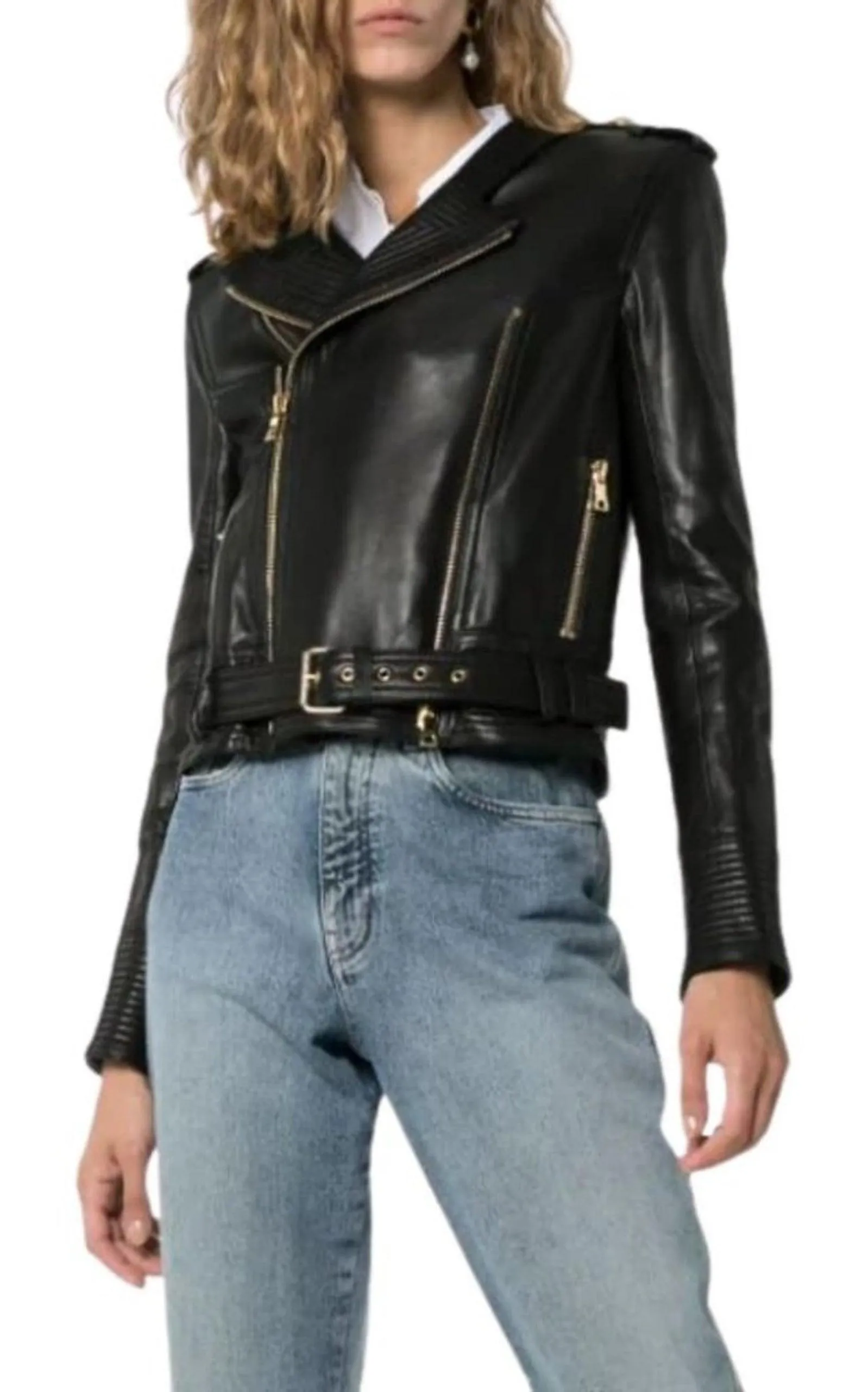 Black Buckle Belt Leather Jacket