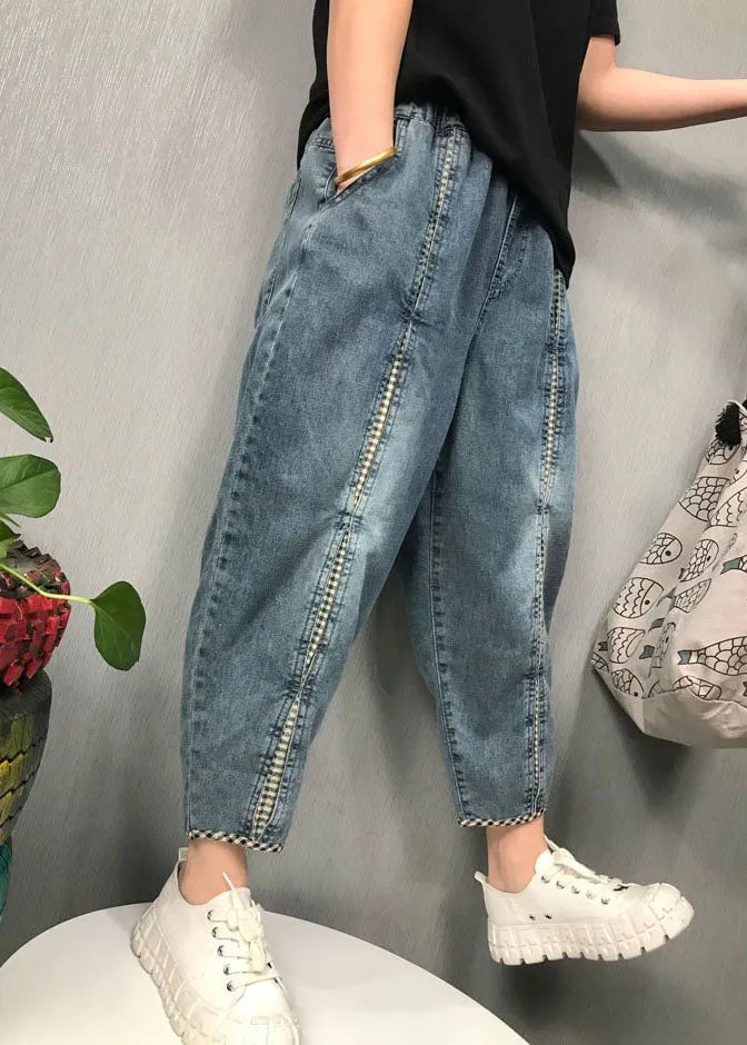 Boho Blue Plaid Patchwork denim Pants Spring