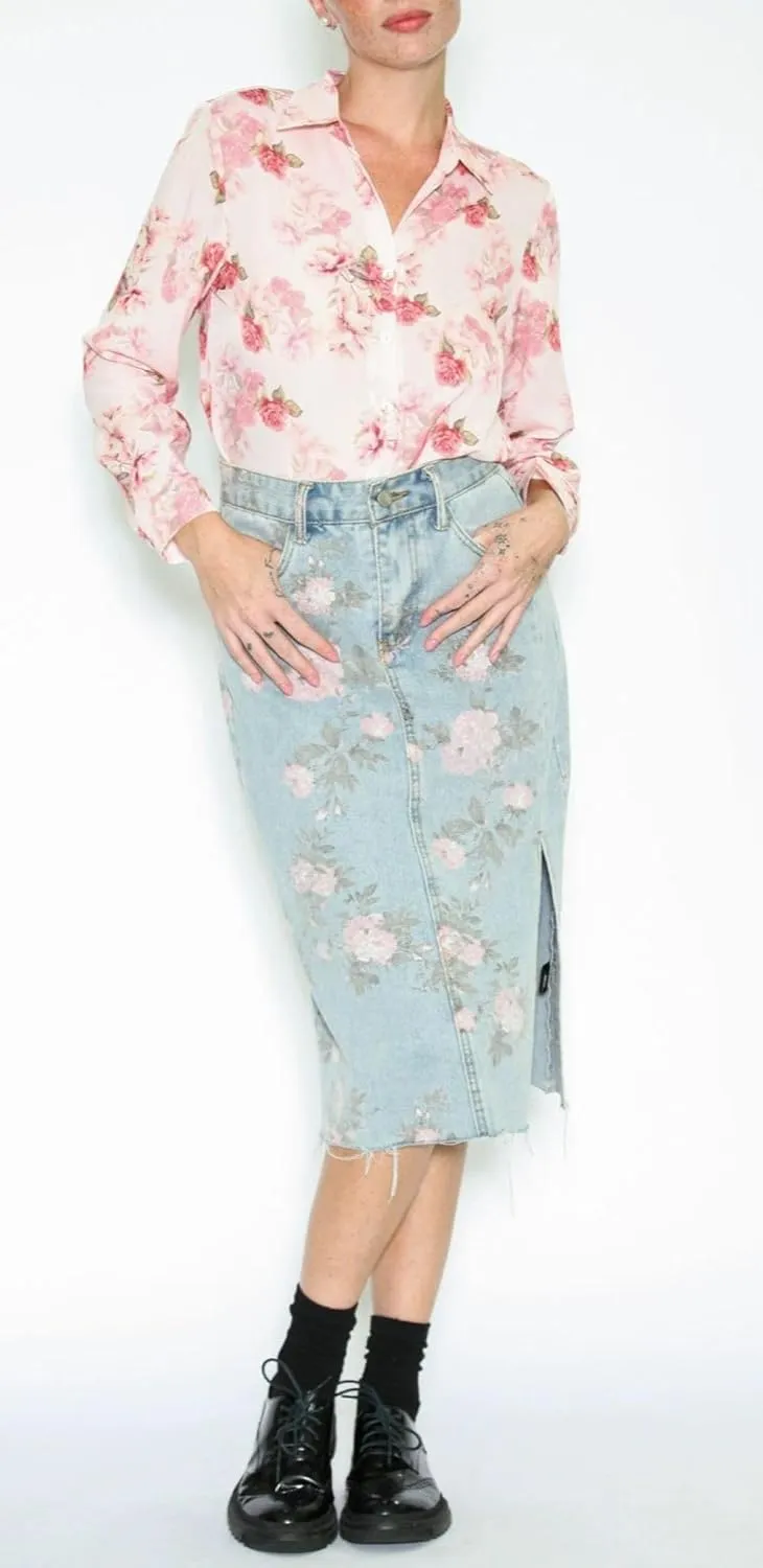 CHARTOU Women Summer Floral Print Denim Midi Skirts High Waisted Side Slit Distressed Mini Skirts with Pockets