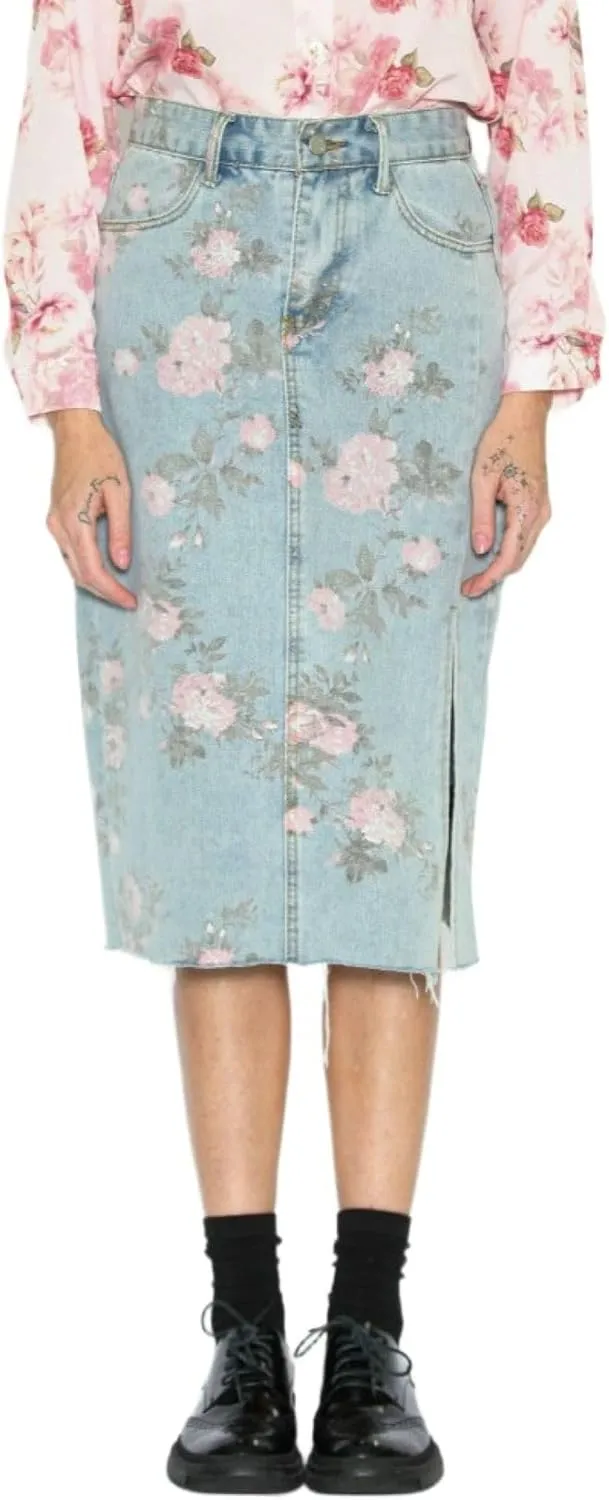 CHARTOU Women Summer Floral Print Denim Midi Skirts High Waisted Side Slit Distressed Mini Skirts with Pockets