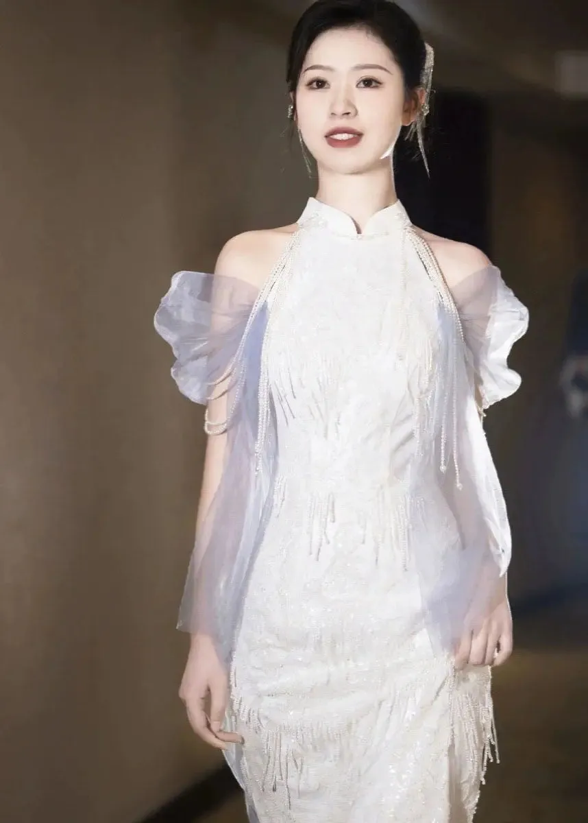 Chinese Style White Stand Collar Tulle Patchwork Tulle Maxi Dresses Summer ML3136