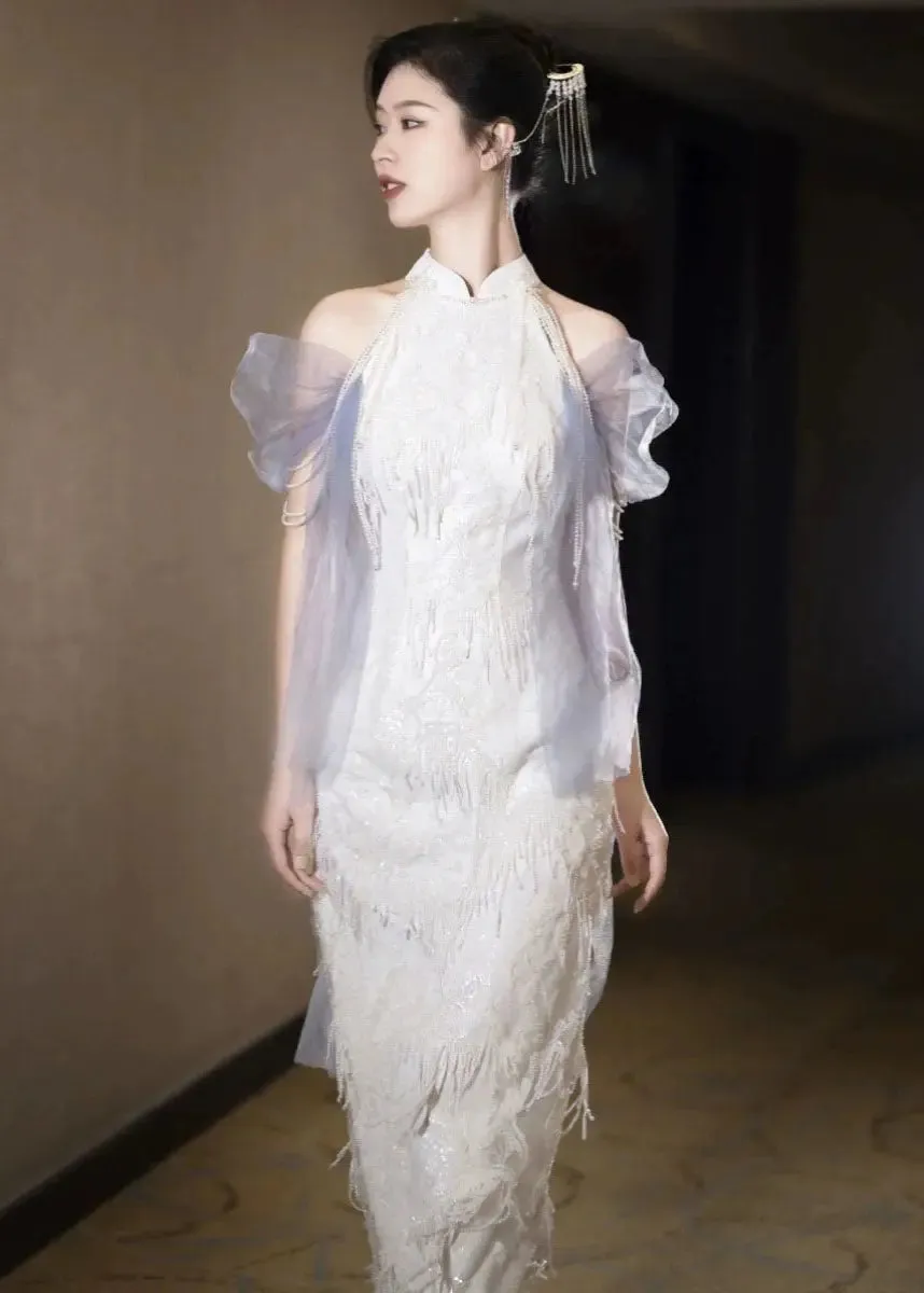 Chinese Style White Stand Collar Tulle Patchwork Tulle Maxi Dresses Summer ML3136