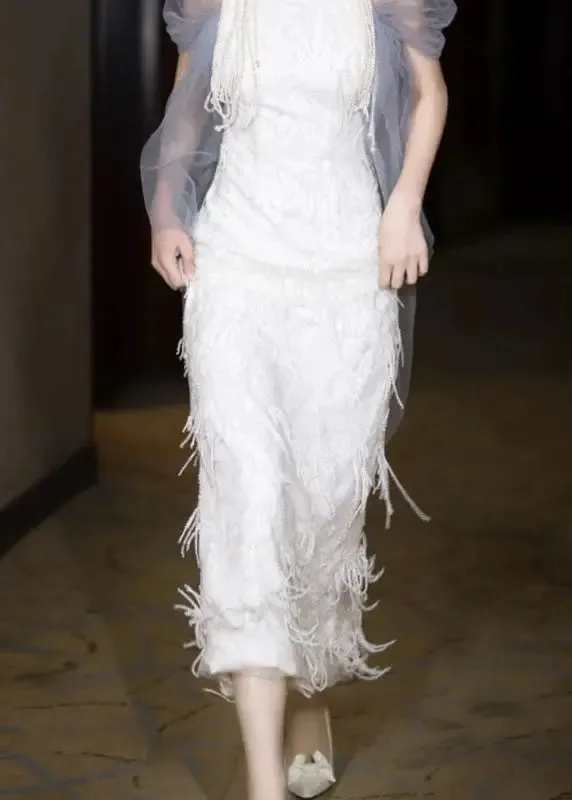Chinese Style White Stand Collar Tulle Patchwork Tulle Maxi Dresses Summer ML3136
