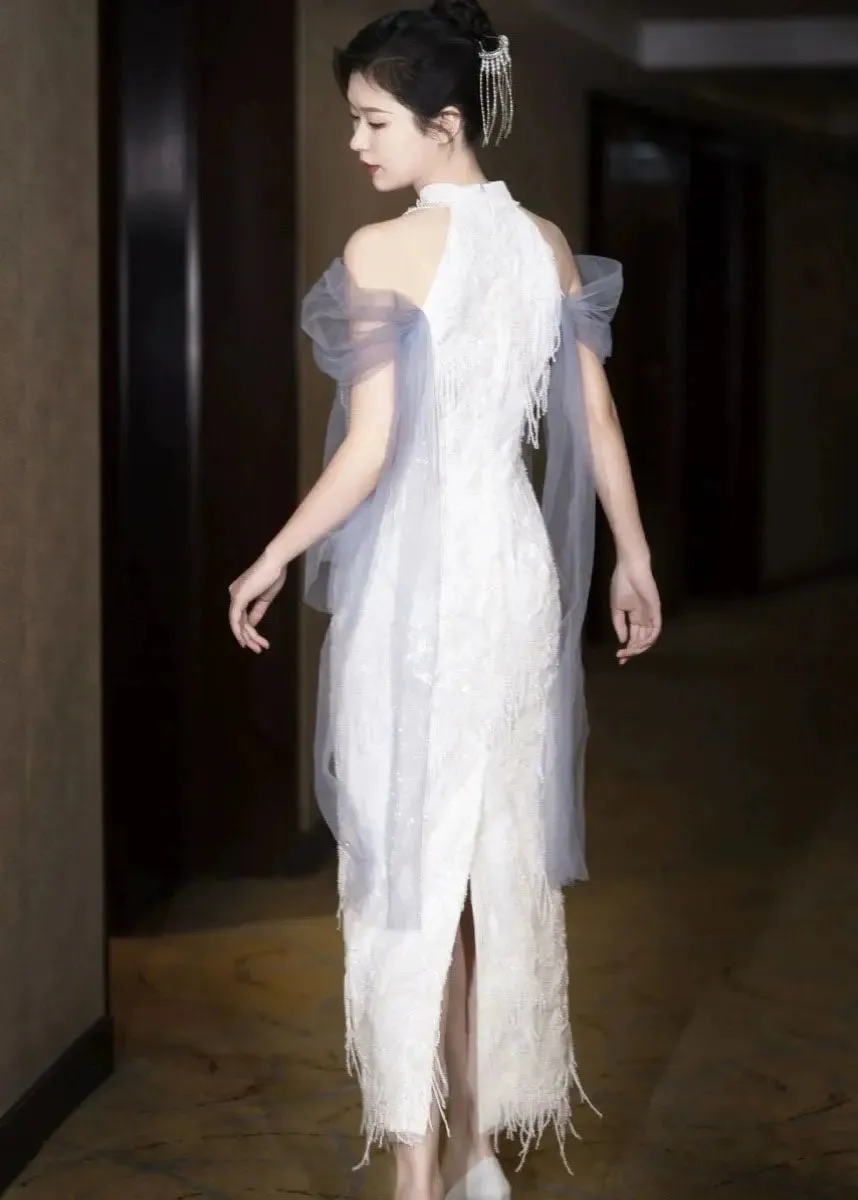 Chinese Style White Stand Collar Tulle Patchwork Tulle Maxi Dresses Summer ML3136
