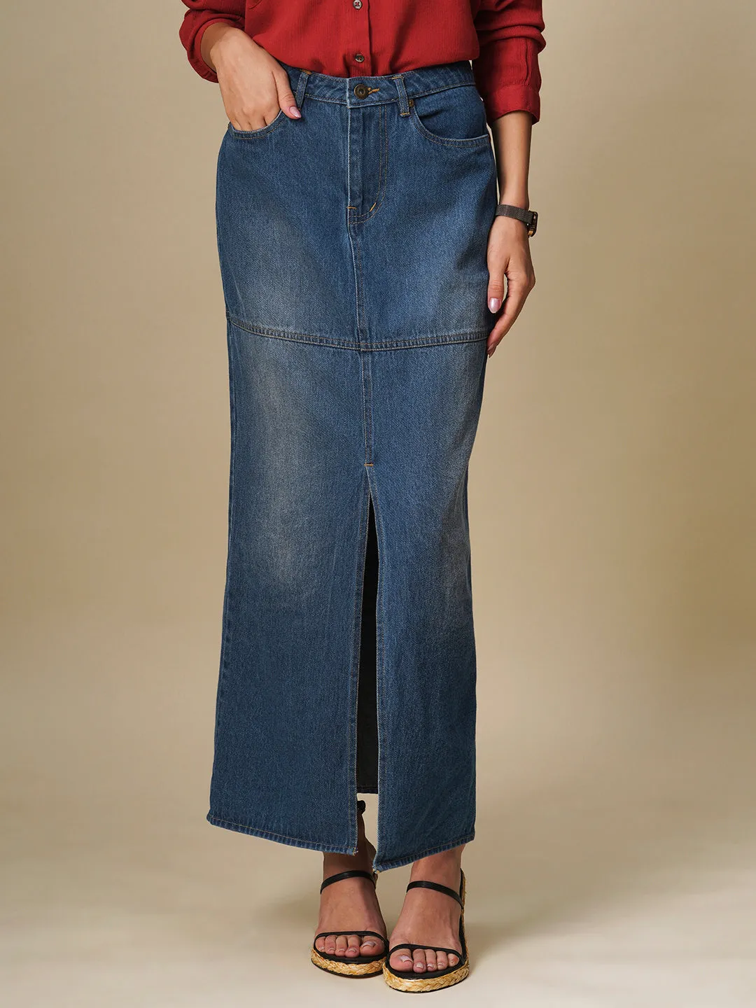 DENIM FRONT SLIT MAXI SKIRT