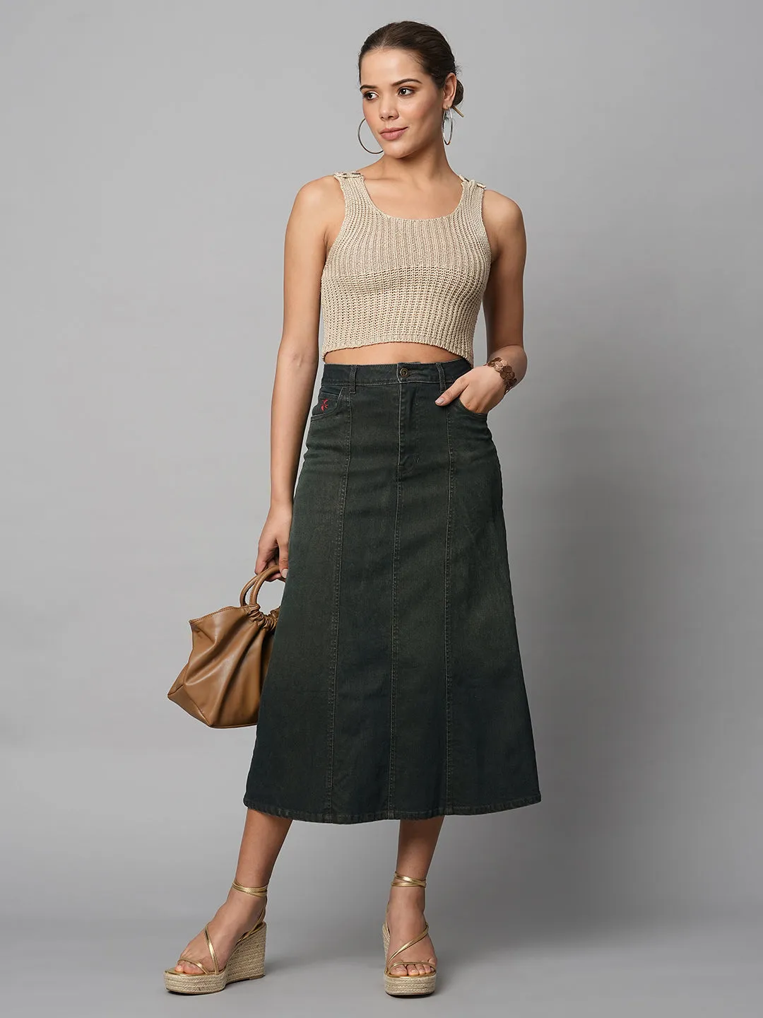 DIRTY WASH DENIM PANELLED FIT N FLARE SKIRT