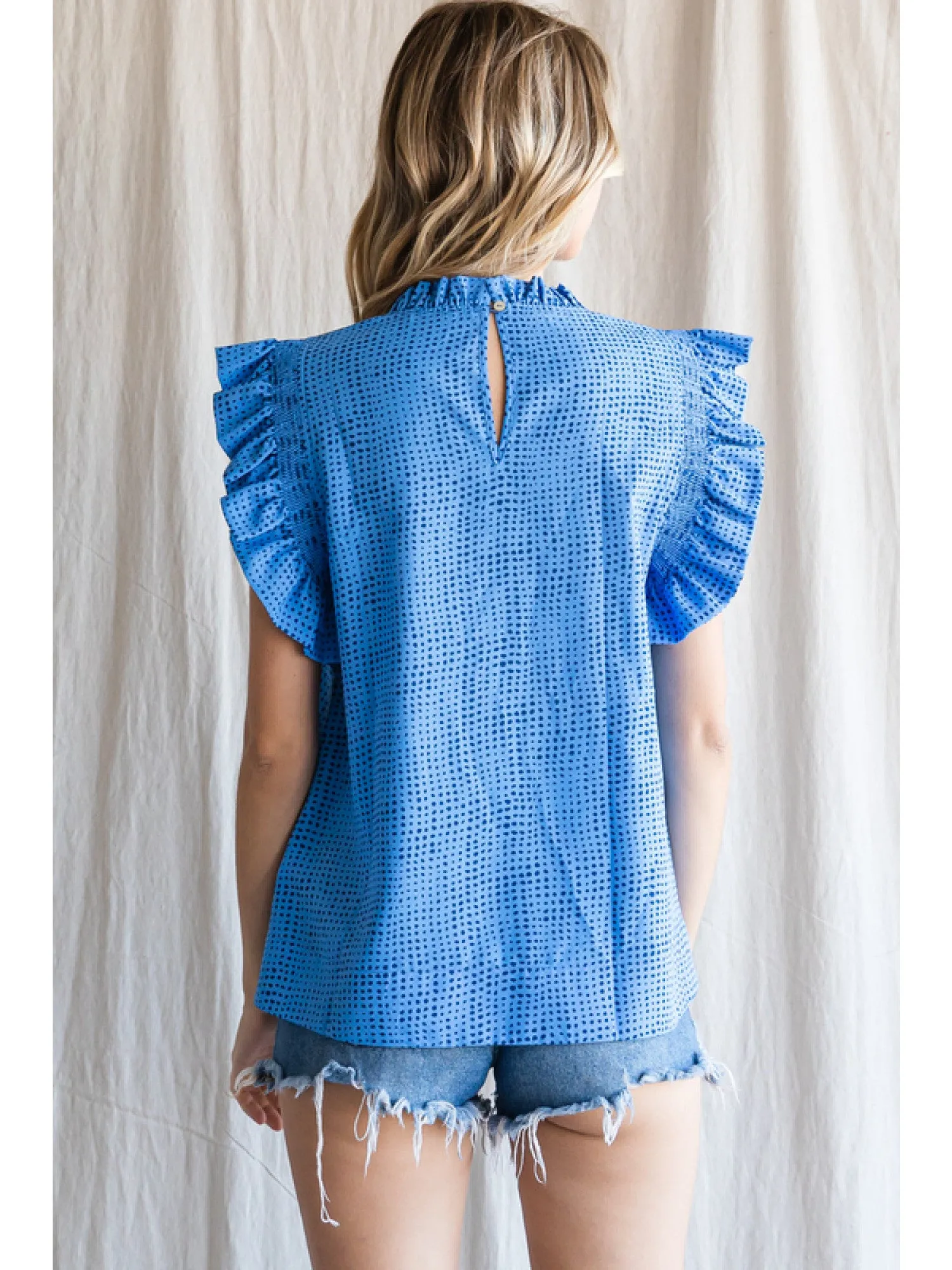 Dot Print Smocked Short Sleeve Top