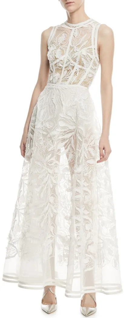 Embroidered Tulle Gown, White
