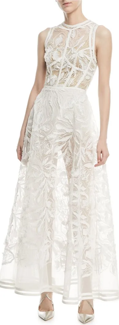 Embroidered Tulle Gown, White