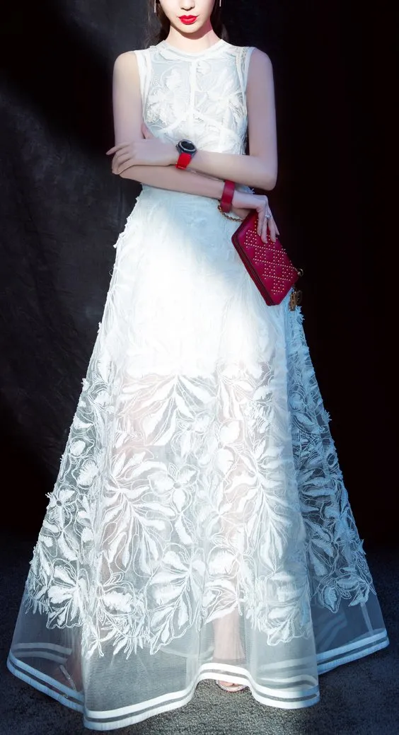 Embroidered Tulle Gown, White