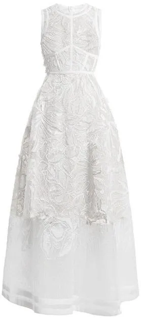 Embroidered Tulle Gown, White