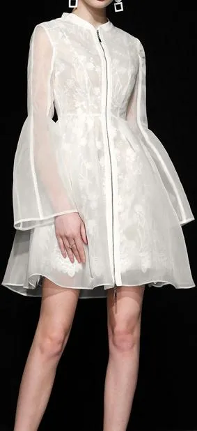 Flared Zip White Tulle and Lace Mini Dress