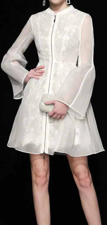 Flared Zip White Tulle and Lace Mini Dress