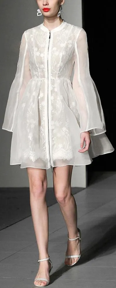 Flared Zip White Tulle and Lace Mini Dress