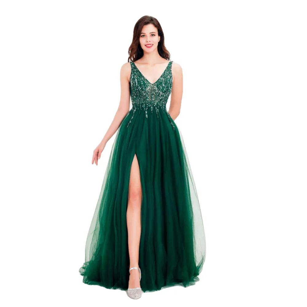 Flash Elegant Light Illusion Tulle Beaded V-neck Sleeveless Dress For Ladies