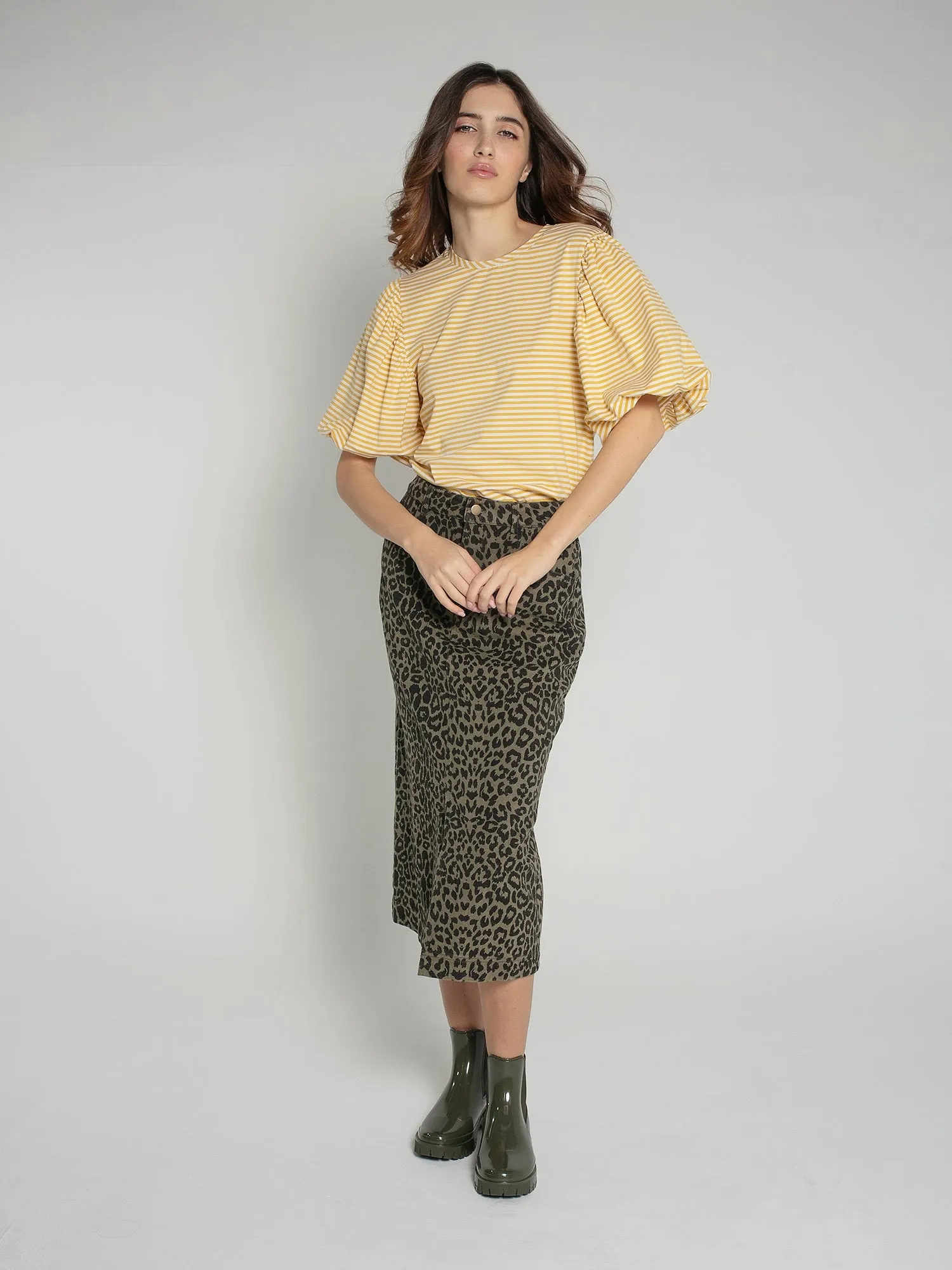 Frankie Denim Skirt in Khaki Leopard Print
