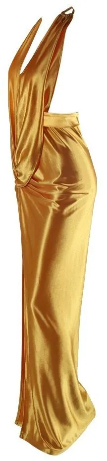 Gold Ruched Zipper-Slit Sleeveless Gown