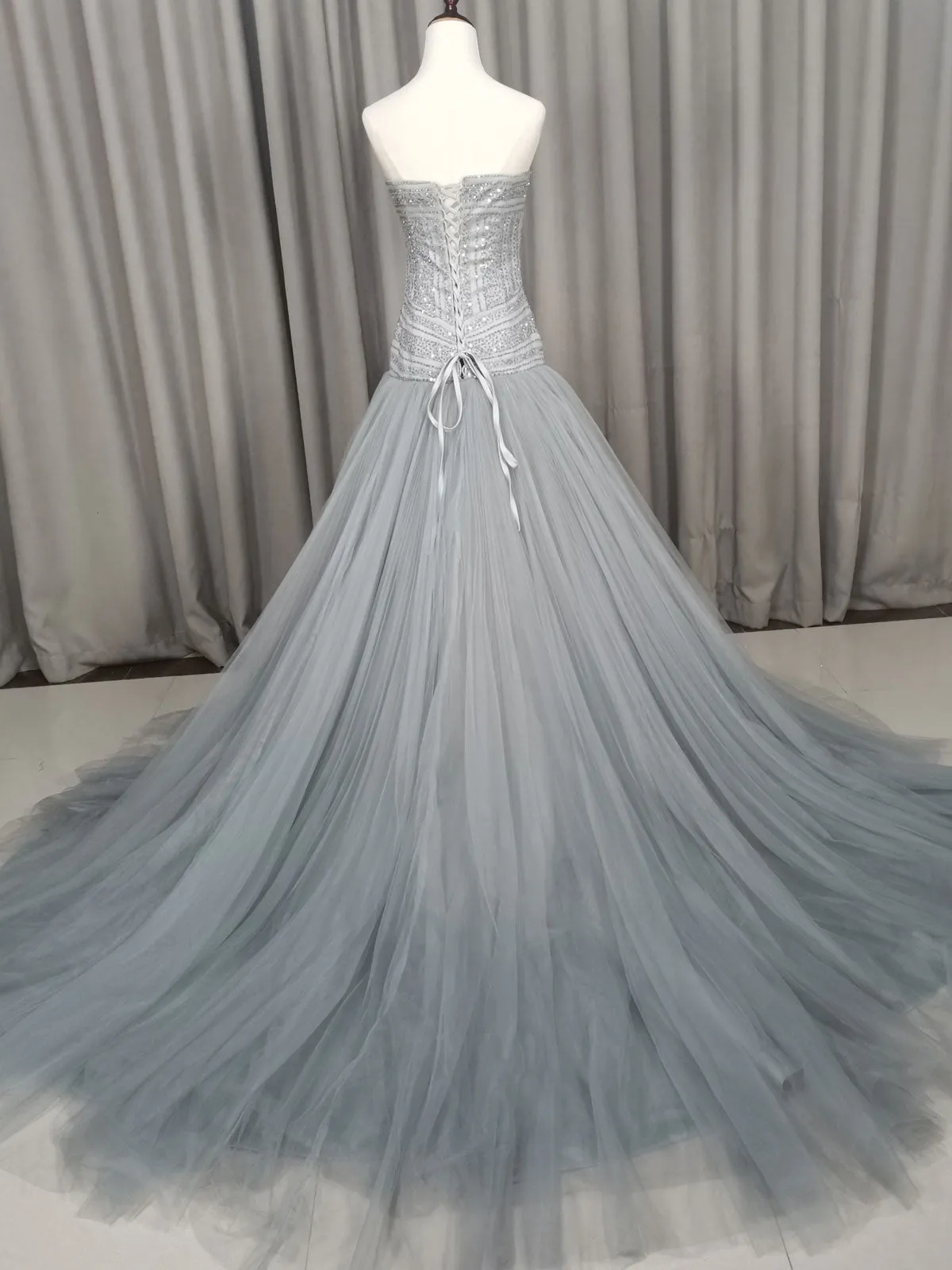 Gray Tulle Beads Long Prom Dress Gray Tulle Formal Evening Graduation Dresses